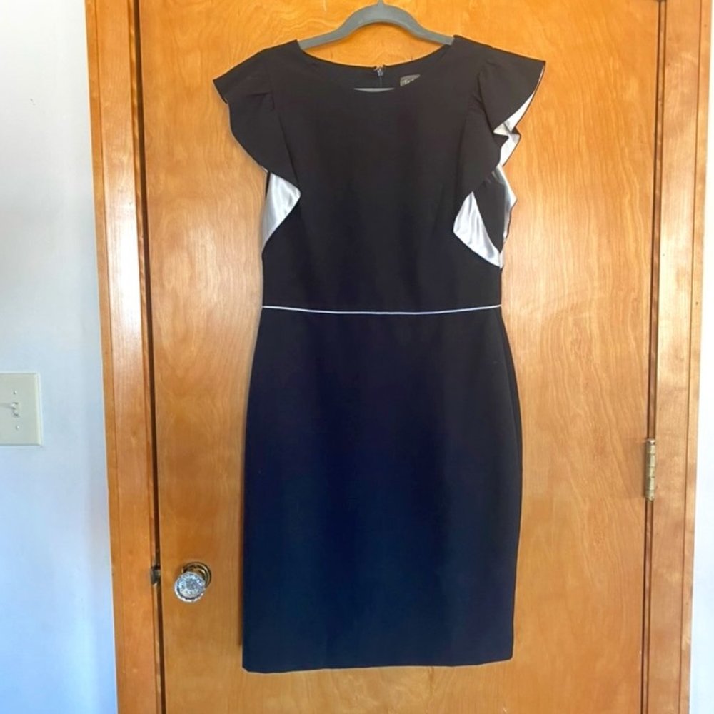 Taylor, Black Pencil, Ruffle Sleeve Dress, White Satin-lined Sleeves, Size 10